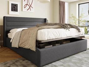 Łóżko ze schowkiem 160 x 200 cm - tkanina lniana - stelaż listwowy - kolor szary