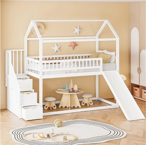 Łóżko piętrowe 90x200 cm - łóżko dziecięce z drabinką i zjeżdżalnią - białe - materac nie jest wliczony w cenę