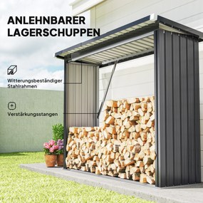 Wiata na drewno opałowe Outsunny, stal ocynkowana, podwyższona podstawa, dach jednospadowy, 213×66,5×150 cm, ciemnoszary