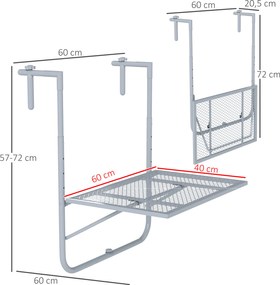 Outsunny Składany stół balkonowy, 4-stopniowo regulowany, metalowy, odporny na warunki atmosferyczne, stół balkonowy 60x40 cm szary | Aosom PL