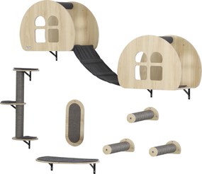 PawHut Zestaw Wspinaczkowy dla Kotów 7-elementowy z Drabinką z Sisalu, Platformą, Drapakiem Szary