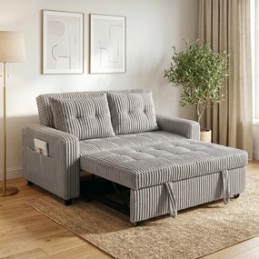 HOMCOM 2-osobowe łóżko-sofa, pokrycie sztruksowe, przekształcalne w sofę rozkładaną, 2 poduszki, kieszenie boczne, 157 x 190 cm, Jasnoszary | Aosom PL