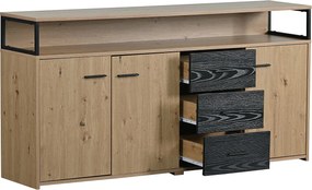 Komoda industrialna z 3 drzwiami, 3 szufladami, otwartymi półkami, uchwytami metalowymi - kolor drewna