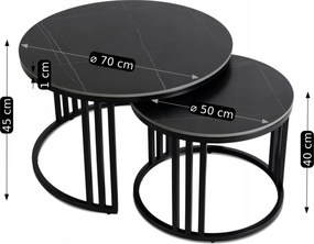 Zestaw Stolików Kawowych JERRY Czarny Marmur/Czarny do Salonu Nowoczesny