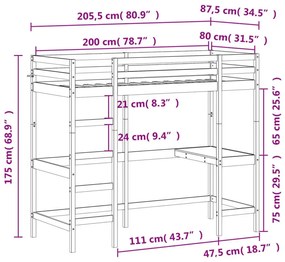 Brązowe pojedyncze łóżko piętrowe z biurkiem 80x200 - Interis 4X