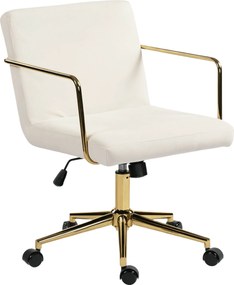 HOMCOM Obrotowy fotel biurowy ze złotymi akcentami, krzesło komputerowe z metalową podstawą, tkanina o wyglądzie aksamitu, kremowo-biały