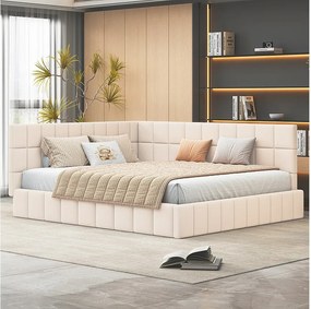 Łóżko tapicerowane 160 x 200 cm, Sofa z funkcją spania z wezgłowiem - Tkanina aksamitna - z listwowym stelażem - Beż