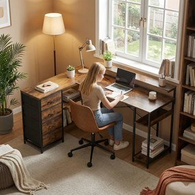 HOMCOM Biurko gamingowe L-kształtne z gniazdkiem, oświetleniem LED, 4 szufladami, podstawką pod monitor 155x110x91,4 cm Brąz | Aosom PL