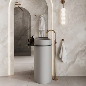 Umywalka z konglomeratu wolnostojąca okrągła z półką szklaną 85 x 40 cm RONA bez przelewu | Różne kolory półki : Kolor szkła - Grafitowy, Kolor umywalki RONA - Szary połysk, Półka - Szklana