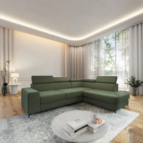 Masseno Narożnik ALVORO z funkcją spania i pojemnikiem na pościel Narozniki L, Rozkładana sofa - Zielony, MATT VELVET 38