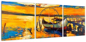Obraz - Łódź o zachodzie słońca (z zegarem) (90x30 cm)