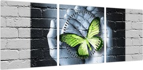Obraz - Zielony motyl w ścianie (z zegarem) (90x30 cm)