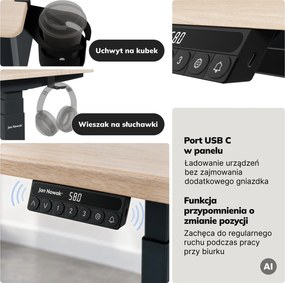 Biurko elektryczne z regulacją wysokości ergonomiczne antracytowe/dąb sonoma,1200x600 mm: ARIA