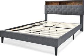 Łóżko tapicerowane 140 x 200 cm z zagłówkiem ze schowkiem - USB i LED - Tkanina lniana - Szary + Materac