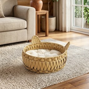 PawHut Legowisko rattanowe dla kota, jaskinia z odpinaną poduszką, kosz dla kotów do 10 kg, 50 x 50 x 25 cm, jasnobrązowy | Aosom PL