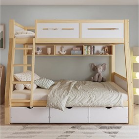 Łóżko piętrowe dla dzieci - 90 x 200 cm + 120 x 200 cm - z 3 szufladami + barierka - sosna + MDF - białe + naturalne