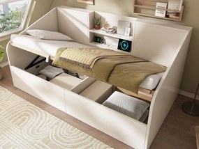 Rozkładana sofa z pojemnikiem 90x200cm - z USB/Type-C - z 2 półkami - MDF + drewno lite - biały​ (materac nie jest wliczony w cenę)