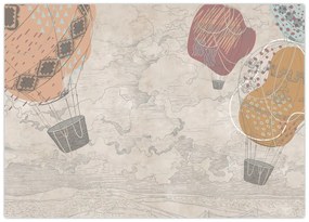 Obraz na szkle - Balony nad miastem, ciepłe odcienie (70x50 cm)