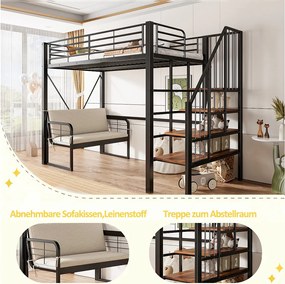 Łóżko piętrowe dla dzieci - 90 x 200 cm - z wyjmowaną sofą + drabinka ze schowkiem - rama metalowa - kolor czarny
