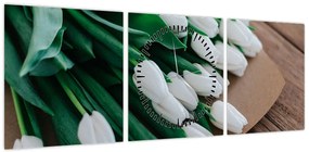 Obraz bukietu białych tulipanów (z zegarem) (90x30 cm)