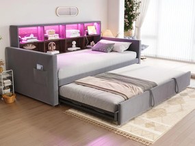 Rozkładana sofa z poduszkami 90x190cm - z oświetleniem LED - z gniazdem ładowania - z wysuwane łóżko - tkanina welurowa - Ciemnoszary