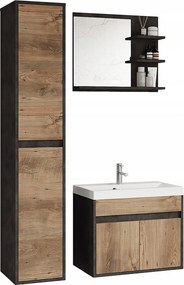 Nowoczesny zestaw mebli łazienkowych 3 elementy – szafka z umywalką, słupek, lustro matera/kasztan mat