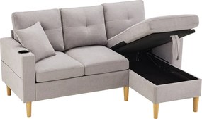 Jasnoszara sofa 3-osobowa - Narożnik z 2 poduszkami i uchwytem na kubek - kieszenie boczne i schowek - bawełna i len