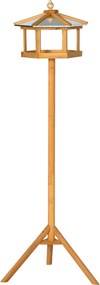 PawHut Domek dla ptaków ze stojakiem Drewniany karmnik z platformą skośny metalowy dach Ø57,7 x 153H cm Naturalne drewno | Aosom PL