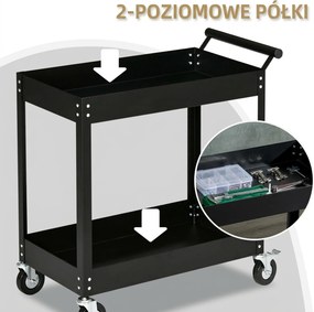 DURHAND Wózek Warsztatowy, 2 Półki, Na Kółkach, Stal, do 150 kg, 84,5 x 38 x 84 cm, Czarny