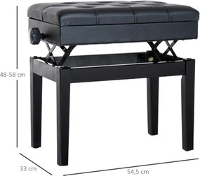 HOMCOM Ławka do Fortepianu Czarna z Regulowaną Wysokością i Schowkiem 54,5x33x48-58cm | Aosom PL