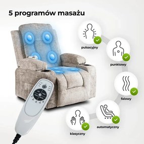 Fotel Masujący BOX Rozkładany Wypoczynkowy z Podnóżkiem Beżowy Welurowy Skandynawski