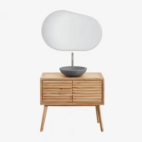 Zestaw Mebli Łazienkowych Z Drewna Deleyna Naturalna & Okrągły Szary Cement Ø40 Cm Tarsis & Owalna Lampa Led I Przeciwmgielna - Sklum