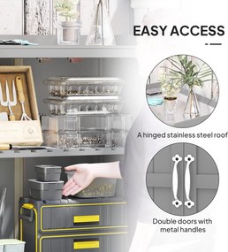 Outsunny Szafka Ogrodowa, Szafka na Narzędzia do Zewnętrznego Użytku, z Powierzchnią Roboczą, Drewno i Stal Nierdzewna, Podwójne Drzwi, Szary