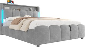 Tapicerowane łóżko z pojemnikiem 140x200 cm - z oświetleniem LED - z portami USB + Type-C - welur - szary (materac nie jest dołączony)