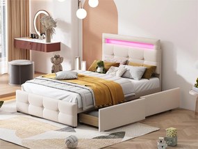 Łóżko pojedyncze 90 x 200 cm z 2 szufladami - tkanina lniana - LED - dla dzieci - beżowe