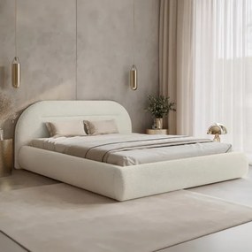 Łóżko Tapicerowane Slim 140x200 cm TASSO z Pojemnikiem Kremowe Boucle Japandi
