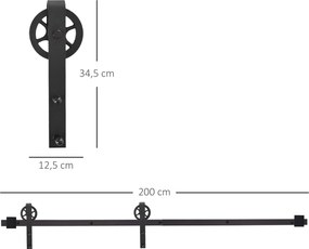 HOMCOM Zestaw okuć dla drzwi przesuwnych, rustykalny design, stal węglowa, 200x4x0,6 cm, do 90 kg, czarny