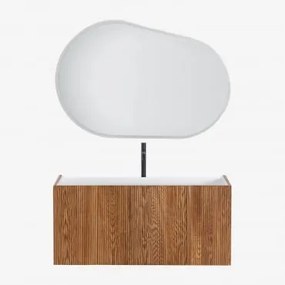 Zestaw Mebli Łazienkowych Z Drewna Z Wbudowaną Umywalką Fiore Ciemna Czerń & Owalna Lampa Led I Przeciwmgielna 120x80 Cm - Sklum