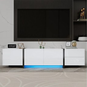 Biała szafka RTV z 4 drzwiami i 1 szufladą, oświetlenie LED - Czarne nogi