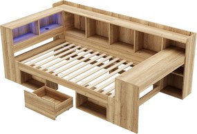 Rozkładana sofa 90x200cm - z LED i portem USB - Z biurkiem, 1 szufladą i półkami - MDF - Naturalny