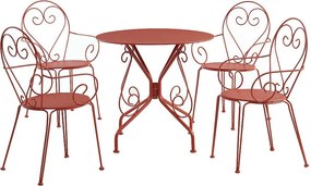 Jadalnia ogrodowa z metalu w stylu kutego żelaza: stół i 4 sztaplowane fotele w kolorze terracotta - GUERMANTES