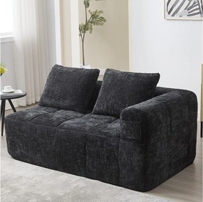 Czarna sofa 2-osobowa - prosta sofa z poduszkami i kieszeniami - szenil - wzór śniegu