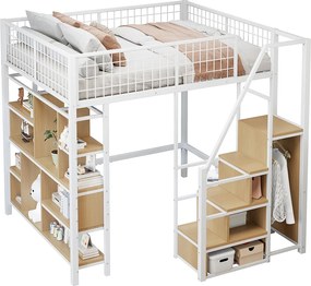 Łóżko mezzanine 140x200cm z metalu - z półkami i schodami - Białe (materac nie jest w zestawie)