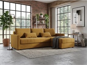 Rozkładany dwustronny zestaw wypoczynkowy w kształcie L VENORIA 220x143 cm, musztardowy + 2 poduszki GRATIS