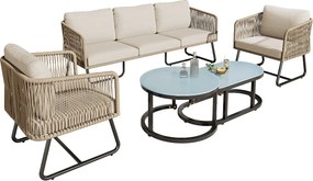 Zestaw mebli ogrodowych z ocynkowanej stali i liny - kanapa, 2 fotele i 2 stoliki nocne - Beżowy