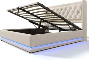 Łóżko ze schowkiem 160 x 200 cm, beżowa bawełna, łóżko dwuosobowe z diodą LED i portem USB, bez materaca