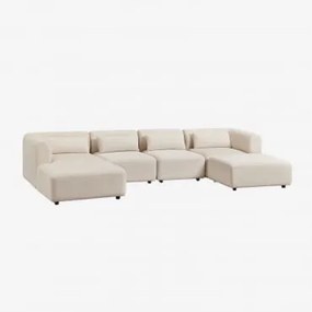 Sofa Modułowy Z Lewym Szezlongiem, 4 Częściowy Z Pufą Fogler Len Aksamit Beż Lniany - Sklum