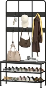 HOMCOM 3-w-1 Wieszak, haki na odzież, ławka, regał na buty, metal, płyta wiórowa, Czarny