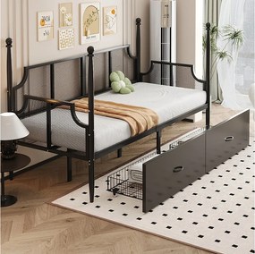 Łóżko dziecięce 90x200 cm - łóżko pojedyncze z oparciem i 2 szufladami - czarne