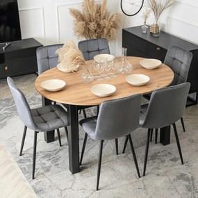 Zestaw Stół Okrągły Rozkładany HARRY 102-142 cm Dąb Craft/Czarny i 6 Krzeseł Tapicerowanych PERU Szarych Welurowych Nowoczesnych
